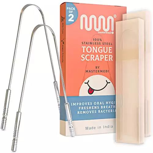 MasterMedi 100% Stainless Steel Tongue Scraper with Travel Case
